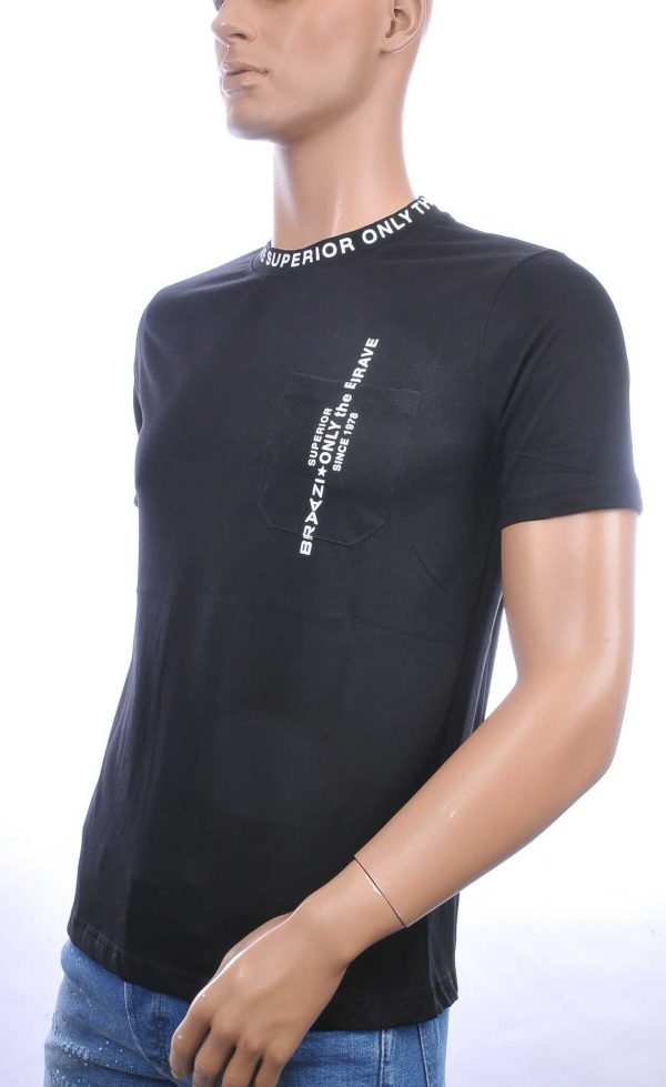FRANCO RENZO trendy ronde hals heren T-Shirt met borstzak Zwart