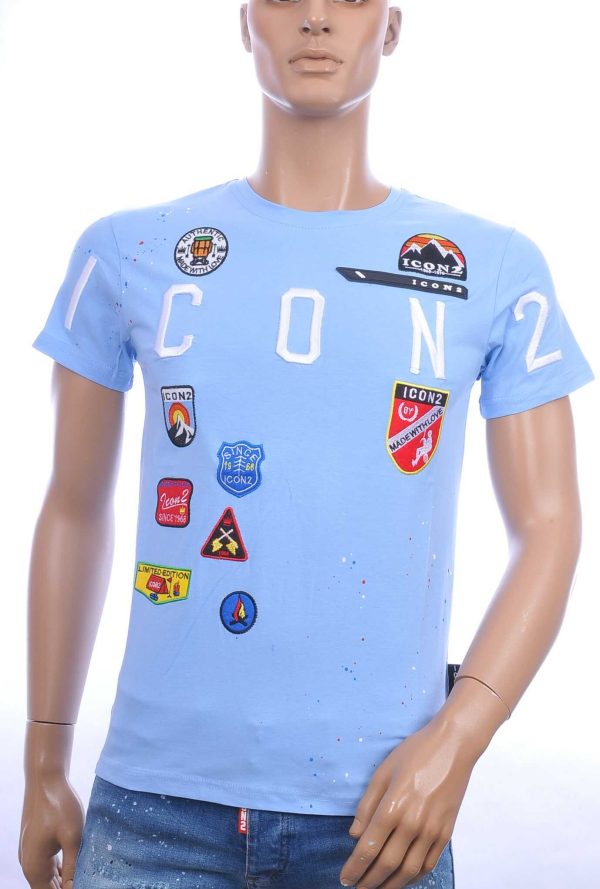 ICON2 trendy ronde hals heren T-Shirt met verfspetters Blauw