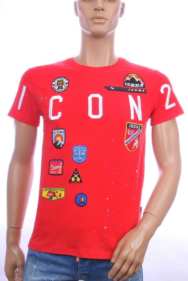 ICON2 trendy ronde hals heren T-Shirt met verfspetters Rood