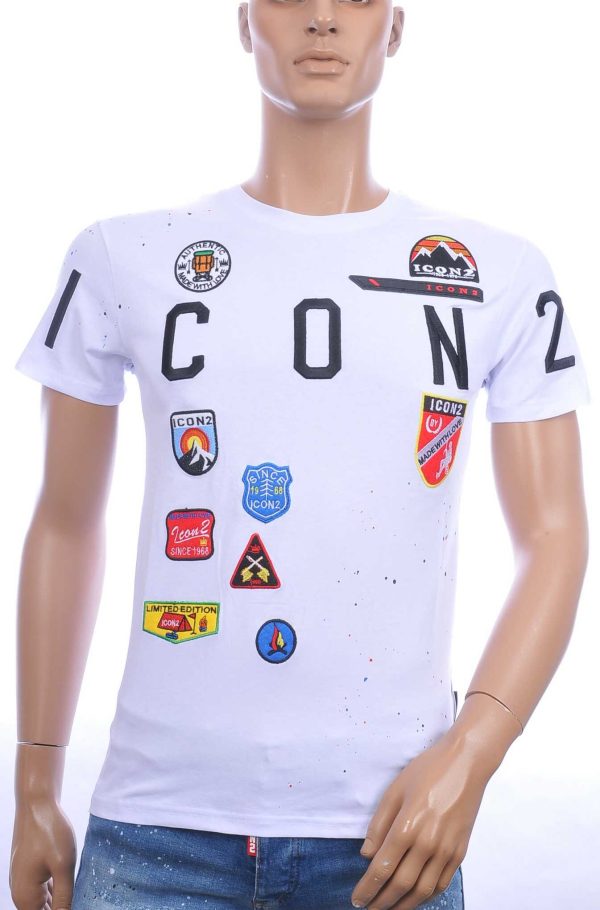 ICON2 trendy ronde hals heren T-Shirt met verfspetters Wit