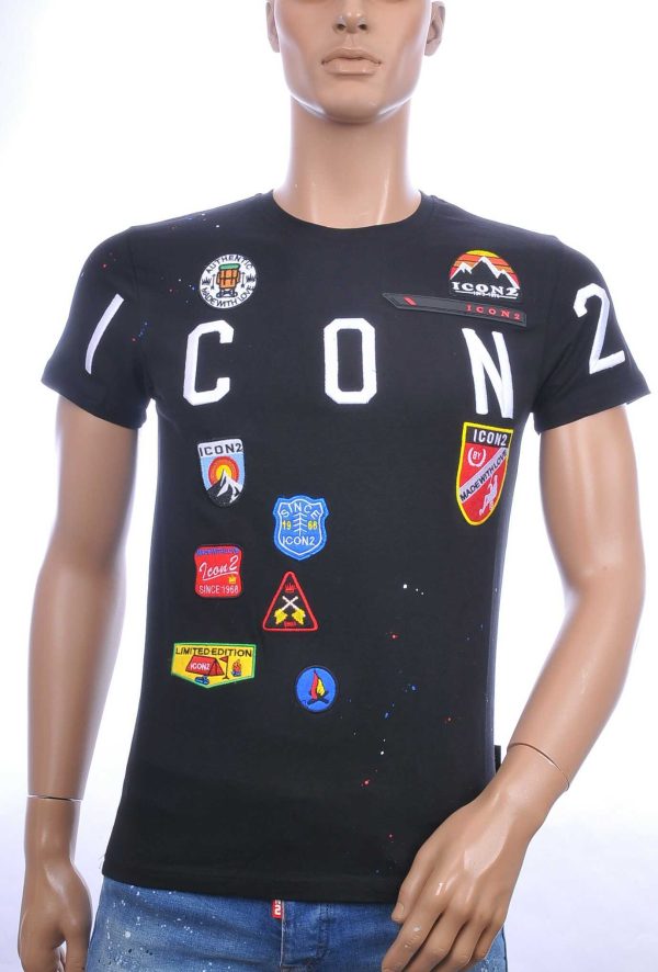 ICON2 trendy ronde hals heren T-Shirt met verfspetters Zwart