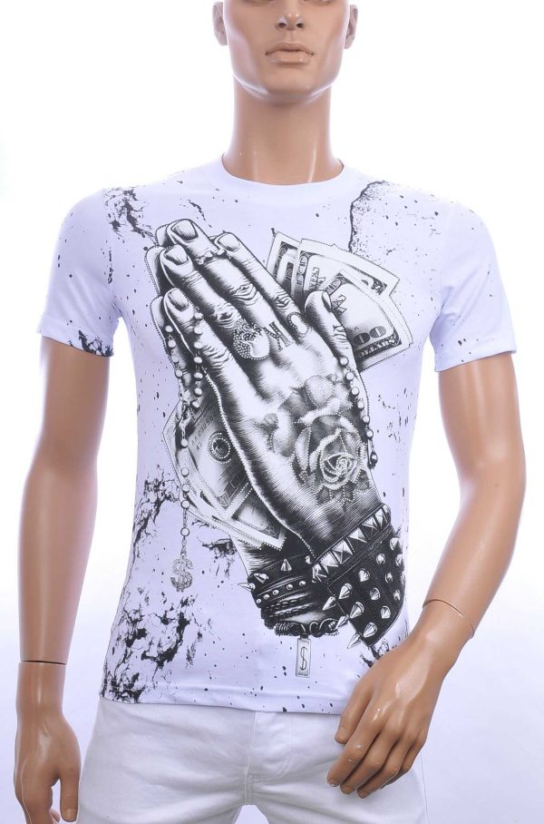 BY BUGOTTI trendy ronde hals heren T-shirt met steentjes Wit