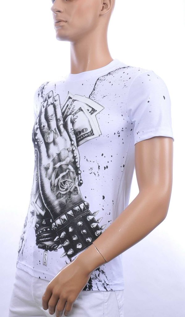 BY BUGOTTI trendy ronde hals heren T-shirt met steentjes Wit