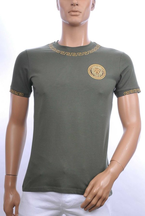 Ci-Borg trendy ronde hals heren T-shirt met leeuwenkop badge Khaki