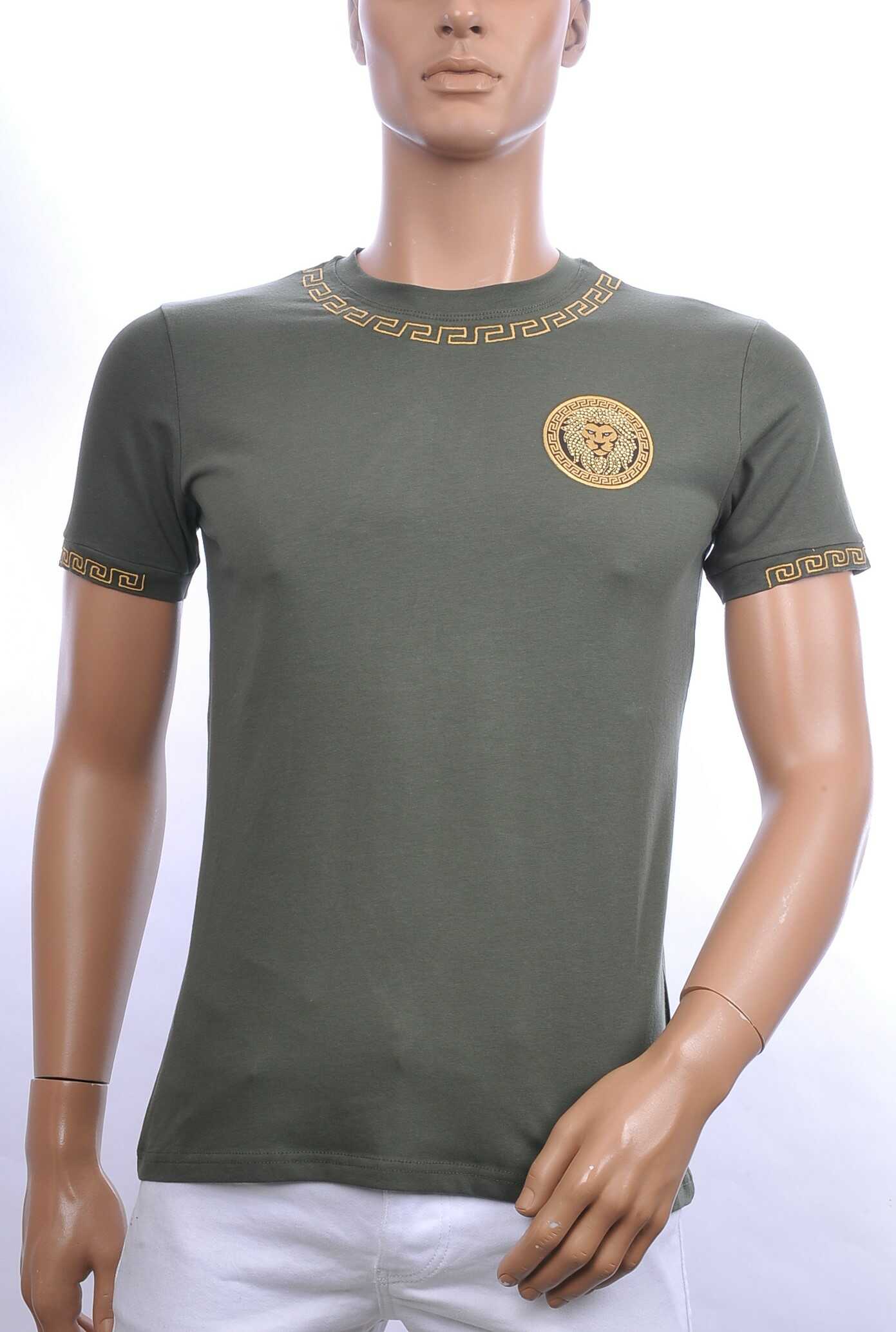 Ci-Borg trendy ronde hals heren T-shirt met leeuwenkop badge Khaki