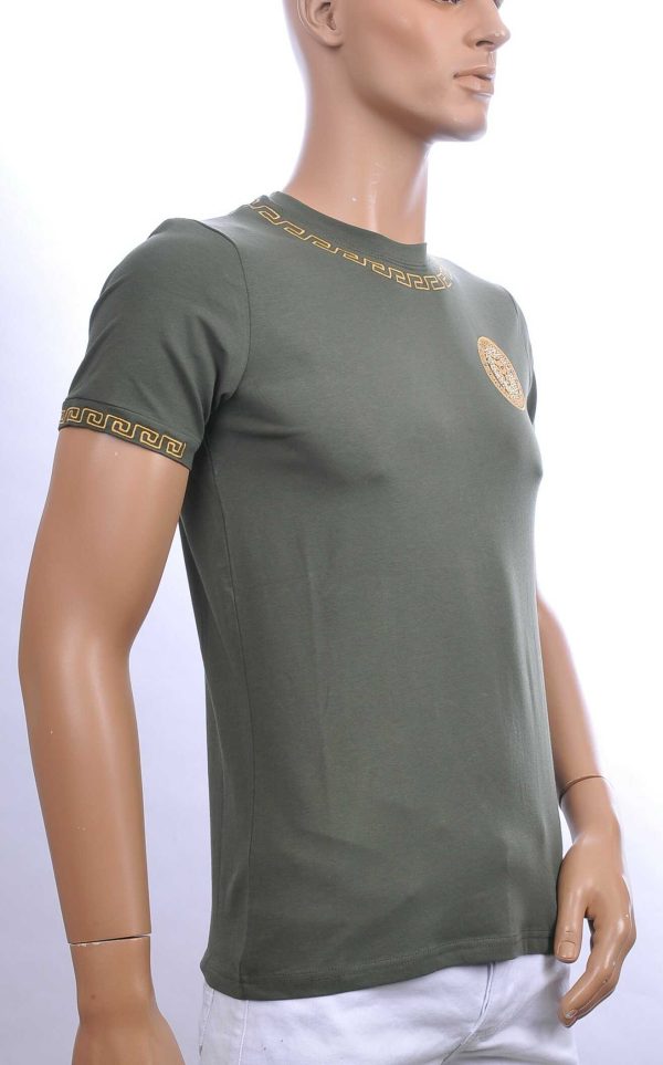 Ci-Borg trendy ronde hals heren T-shirt met leeuwenkop badge Khaki