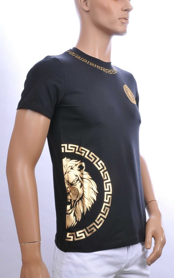 Ci-Borg trendy ronde hals heren T-shirt met leeuwenkop badge Zwart