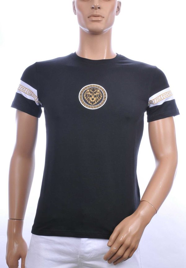 Ci-Borg trendy ronde hals heren T-shirt met leeuwenkop badge Zwart