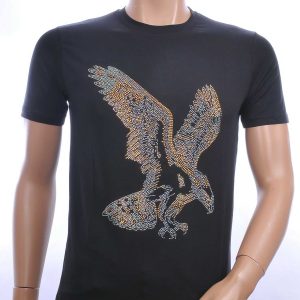 FRANCO RENZO ronde hals heren T-Shirt met ADELAAR print met steentjes Zwart