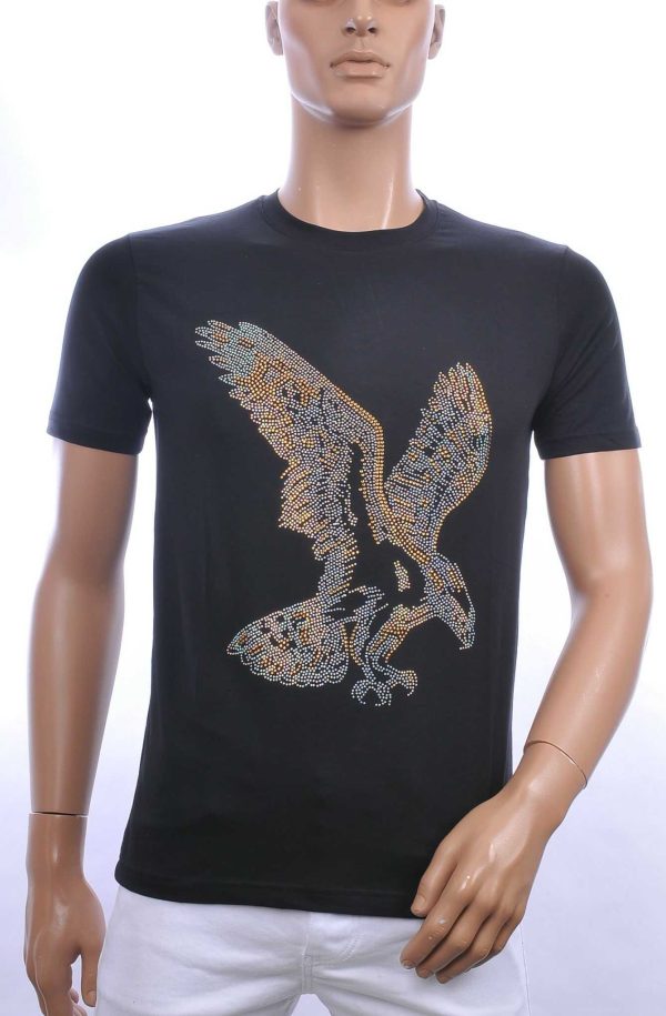 FRANCO RENZO ronde hals heren T-Shirt met ADELAAR print met steentjes Zwart