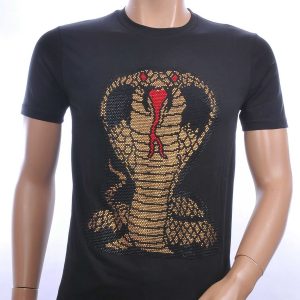 FRANCO RENZO ronde hals heren T-Shirt met COBRA print met steentjes Zwart