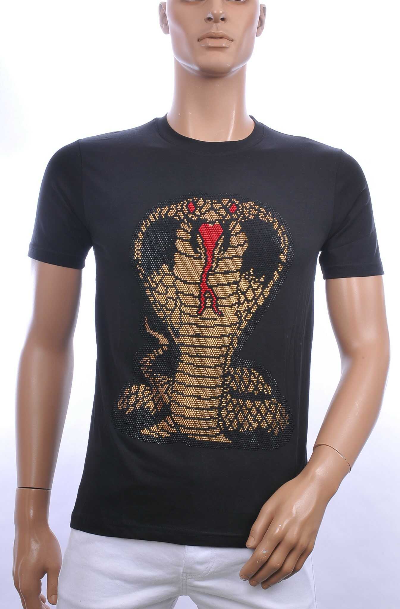FRANCO RENZO ronde hals heren T-Shirt met COBRA print met steentjes Zwart
