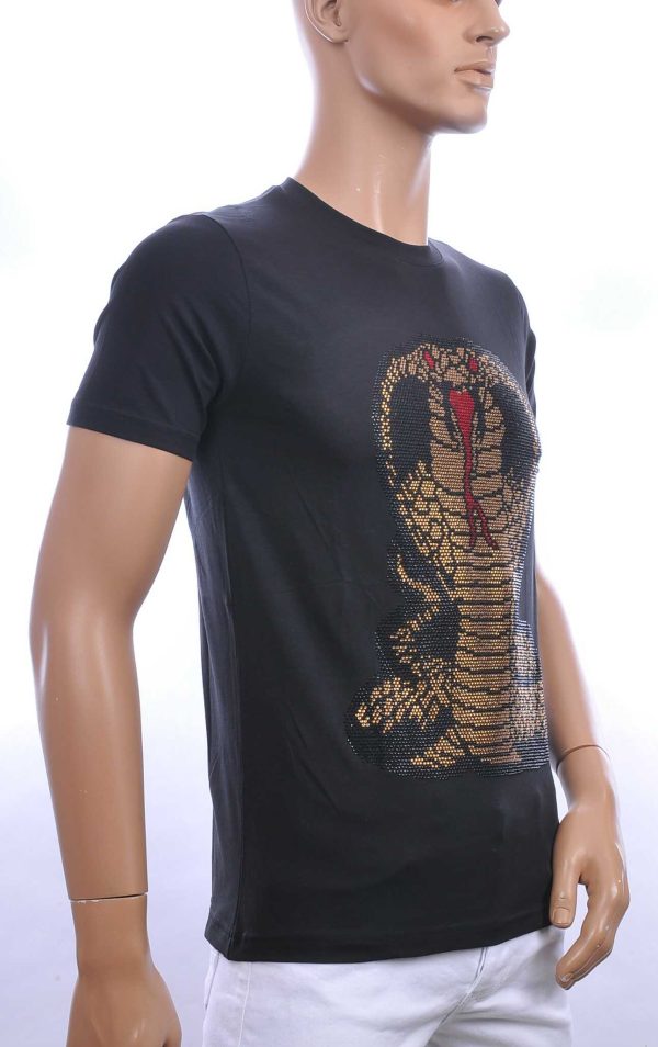 FRANCO RENZO ronde hals heren T-Shirt met COBRA print met steentjes Zwart