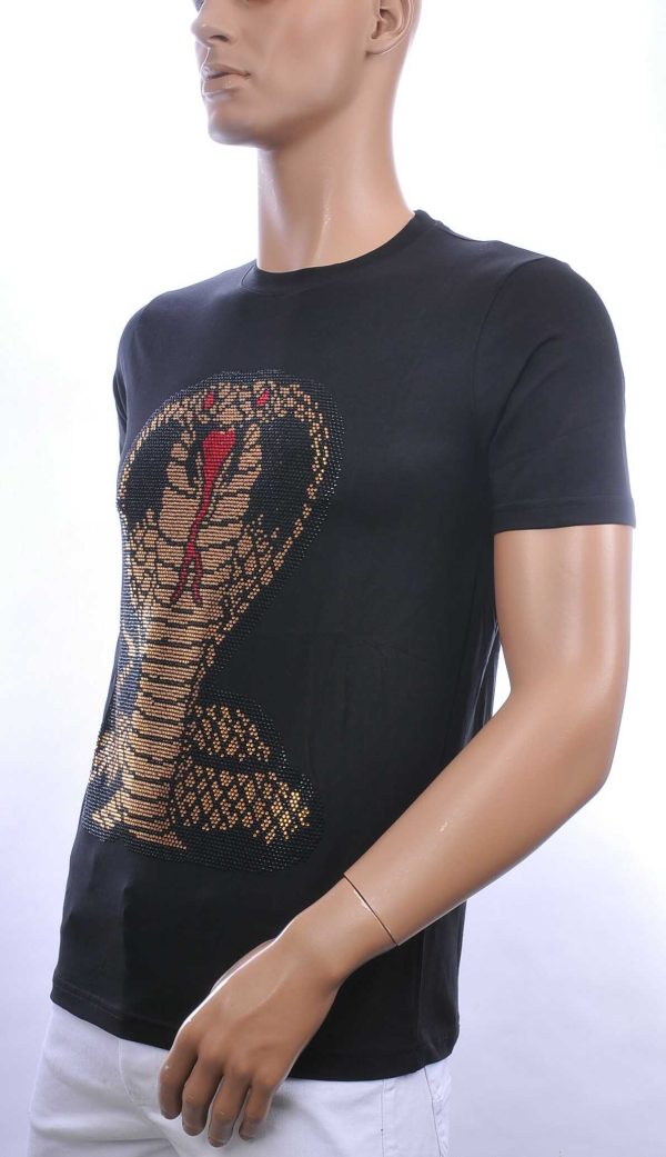 FRANCO RENZO ronde hals heren T-Shirt met COBRA print met steentjes Zwart