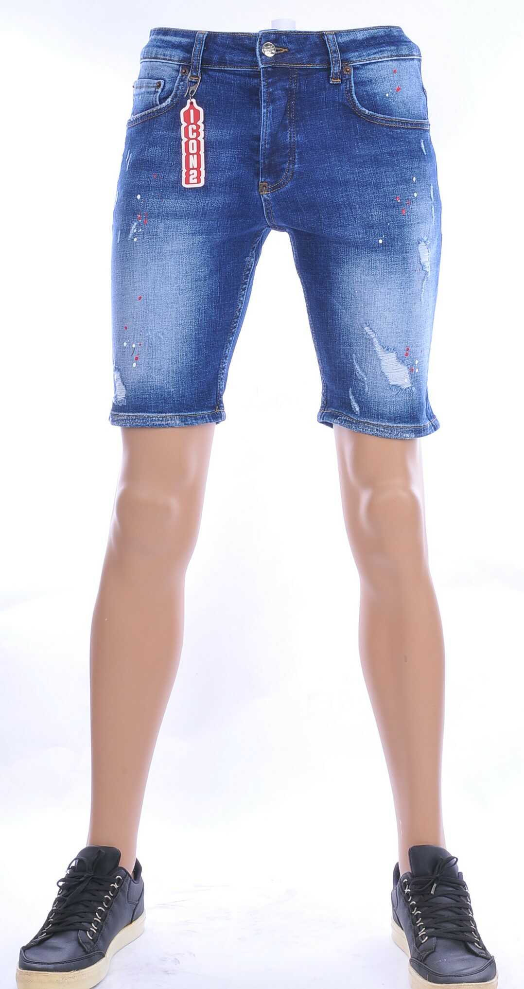ICON2 hippie gescheurde slim fit heren korte spijkerbroek met verfspatten Blauw
