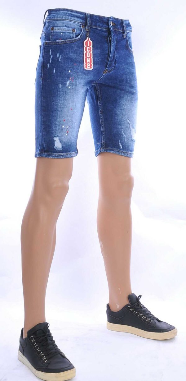 ICON2 hippie gescheurde slim fit heren korte spijkerbroek met verfspatten Blauw