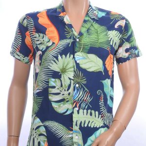 KZR trendy allover bladeren dessin heren korte mouwen festival overhemd Groen