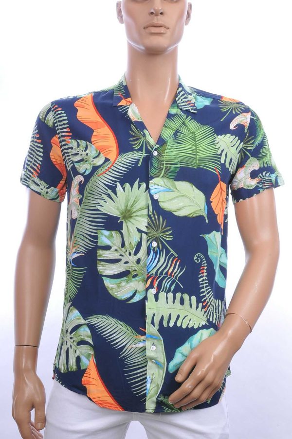 KZR trendy allover bladeren dessin heren korte mouwen festival overhemd Groen