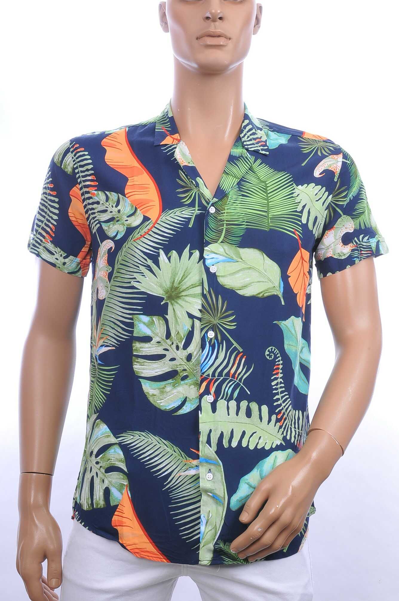 KZR trendy allover bladeren dessin heren korte mouwen festival overhemd Groen
