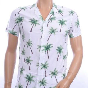 KZR trendy allover palmbomen dessin heren korte mouwen festival overhemd Wit