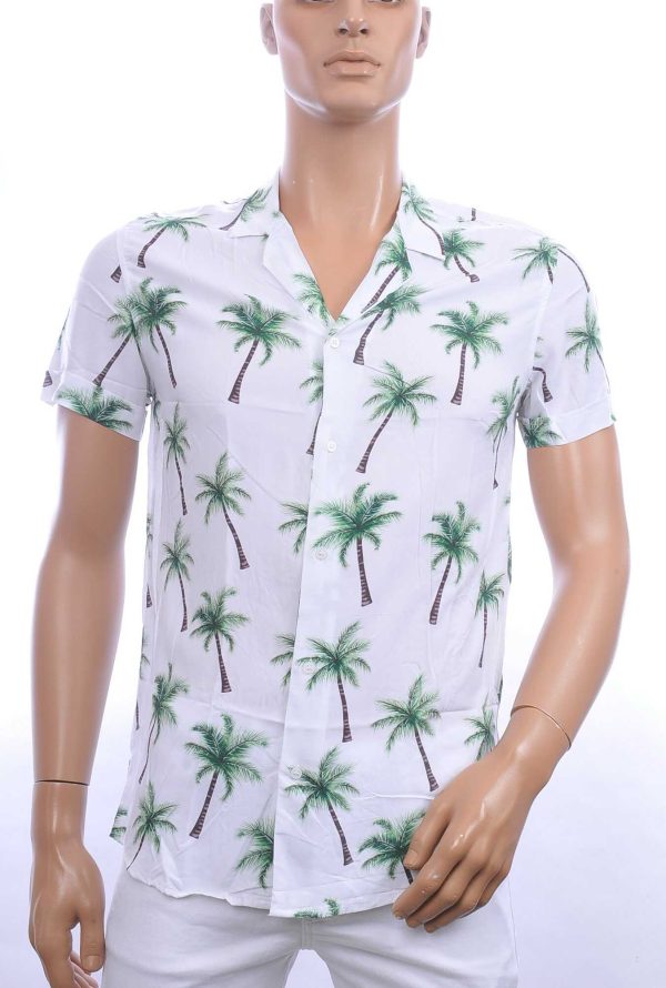 KZR trendy allover palmbomen dessin heren korte mouwen festival overhemd Wit
