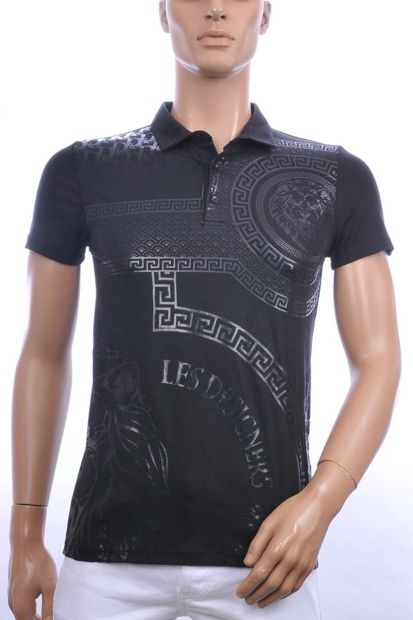 Les Designers Polo T-shirt met leeuwenkop print met steentjes Zwart