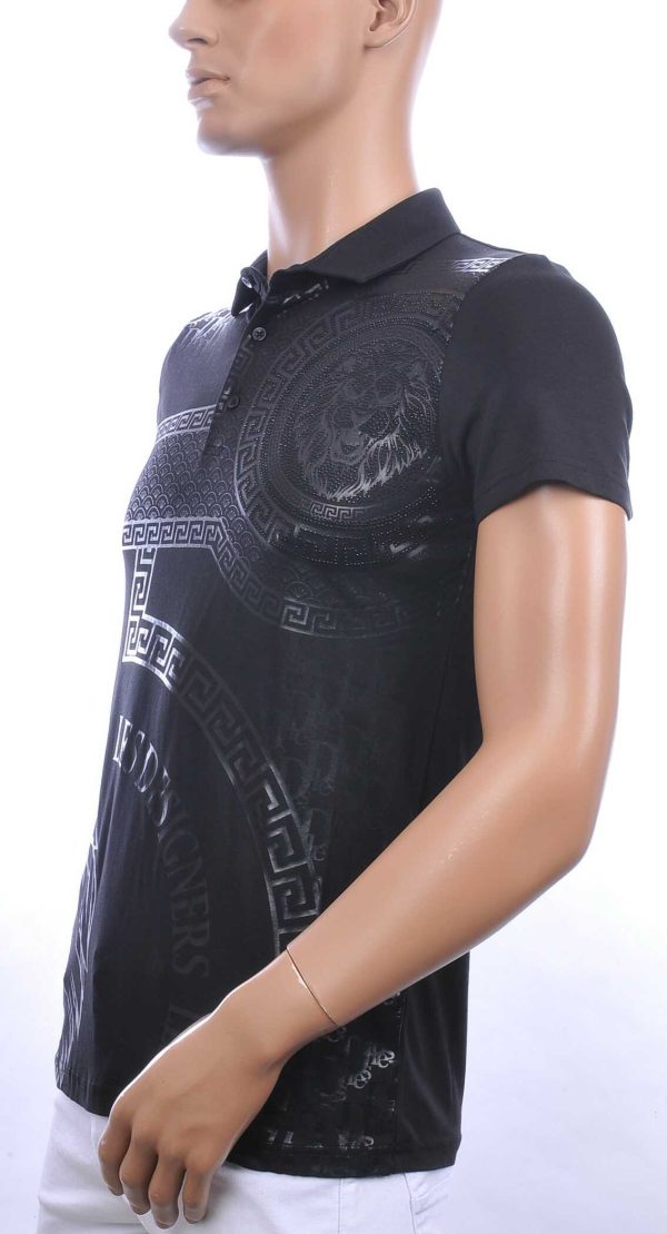 Les Designers Polo T-shirt met leeuwenkop print met steentjes Zwart