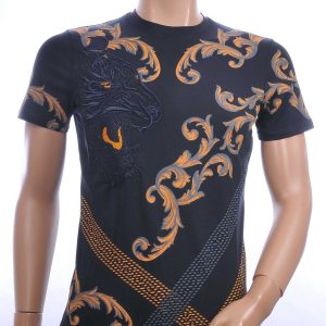 Les Designers ronde hals T-shirt met geborduurde tijgerkop met steentjes Navy