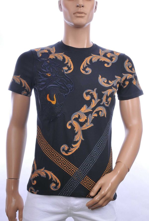 Les Designers ronde hals T-shirt met geborduurde tijgerkop met steentjes Navy