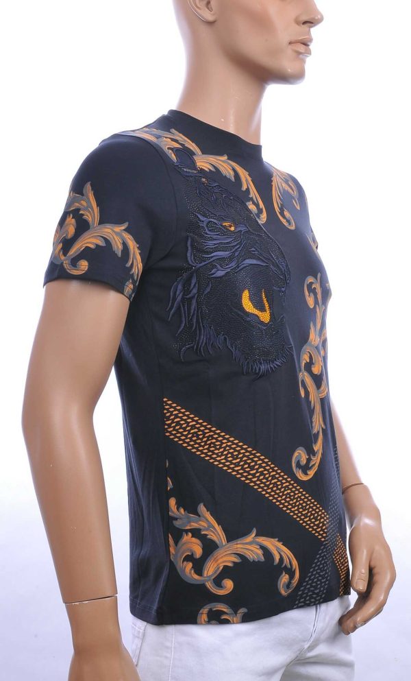 Les Designers ronde hals T-shirt met geborduurde tijgerkop met steentjes Navy