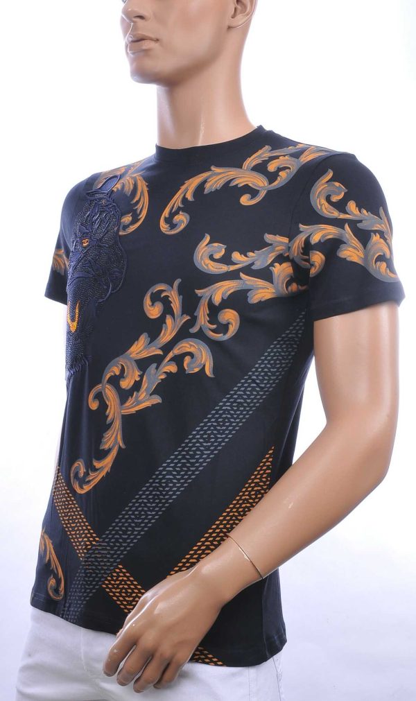 Les Designers ronde hals T-shirt met geborduurde tijgerkop met steentjes Navy