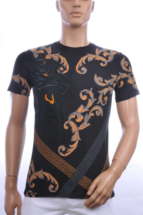 Les Designers ronde hals T-shirt met geborduurde tijgerkop met steentjes Zwart