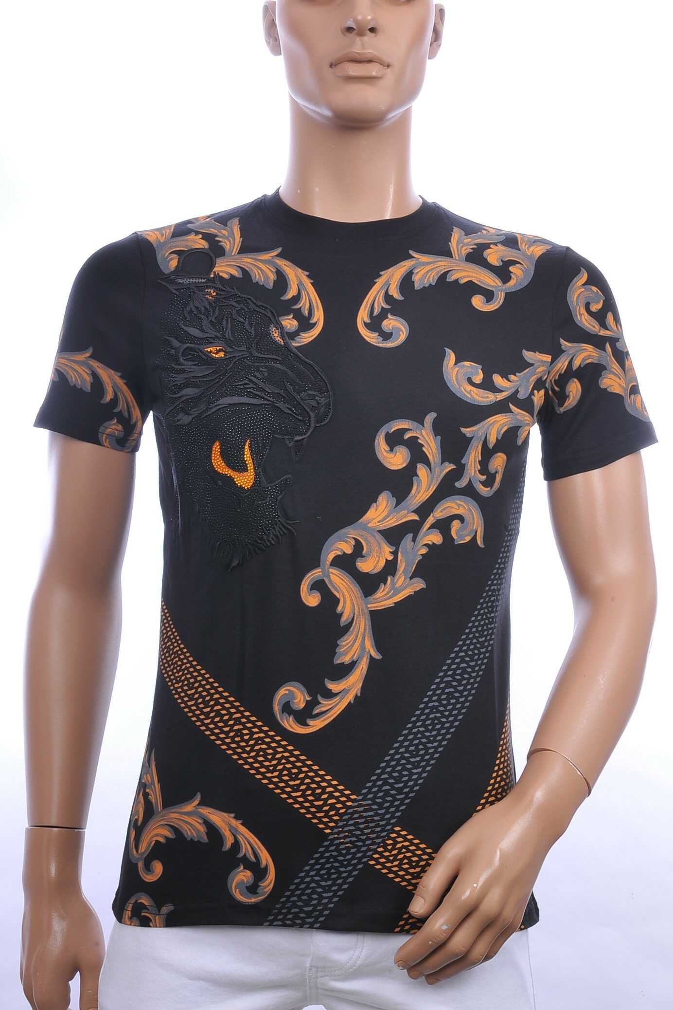 Les Designers ronde hals T-shirt met geborduurde tijgerkop met steentjes Zwart