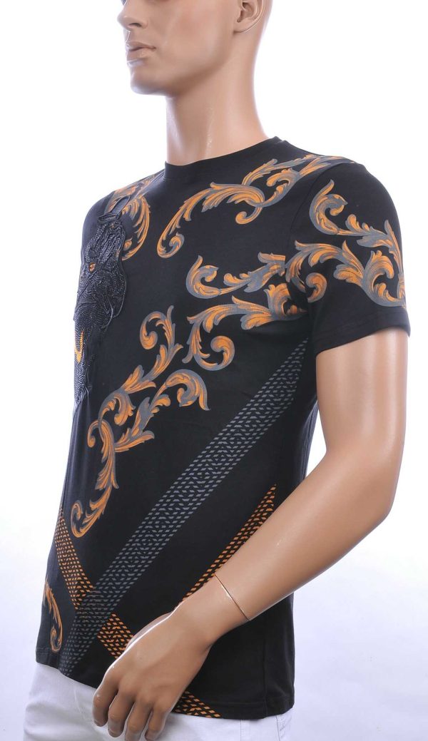 Les Designers ronde hals T-shirt met geborduurde tijgerkop met steentjes Zwart