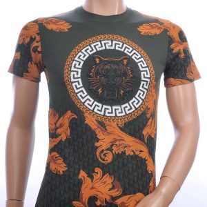 Les Designers ronde hals T-shirt met geborduurde tijgerkop met steentjes Khaki