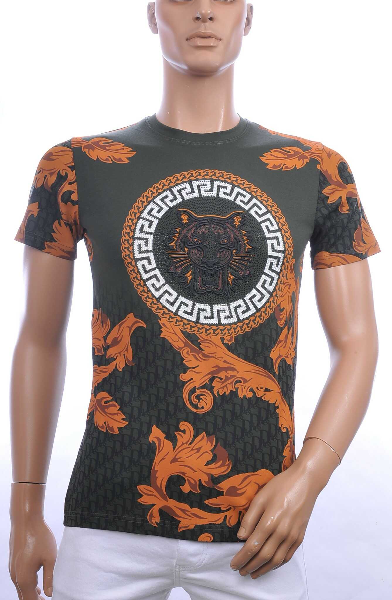 Les Designers ronde hals T-shirt met geborduurde tijgerkop met steentjes Khaki