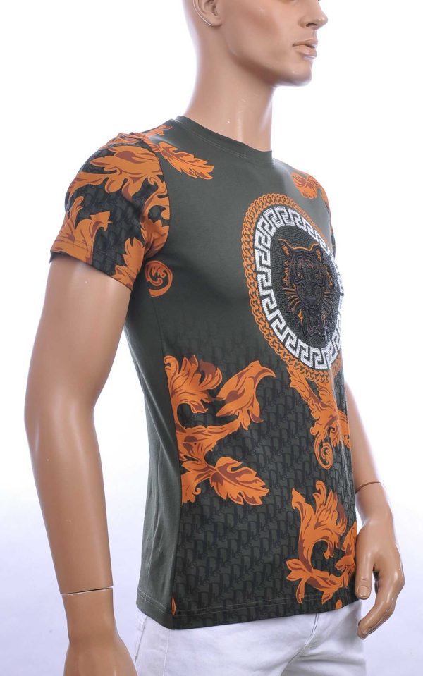 Les Designers ronde hals T-shirt met geborduurde tijgerkop met steentjes Khaki