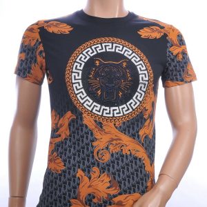 Les Designers ronde hals T-shirt met geborduurde tijgerkop met steentjes Navy