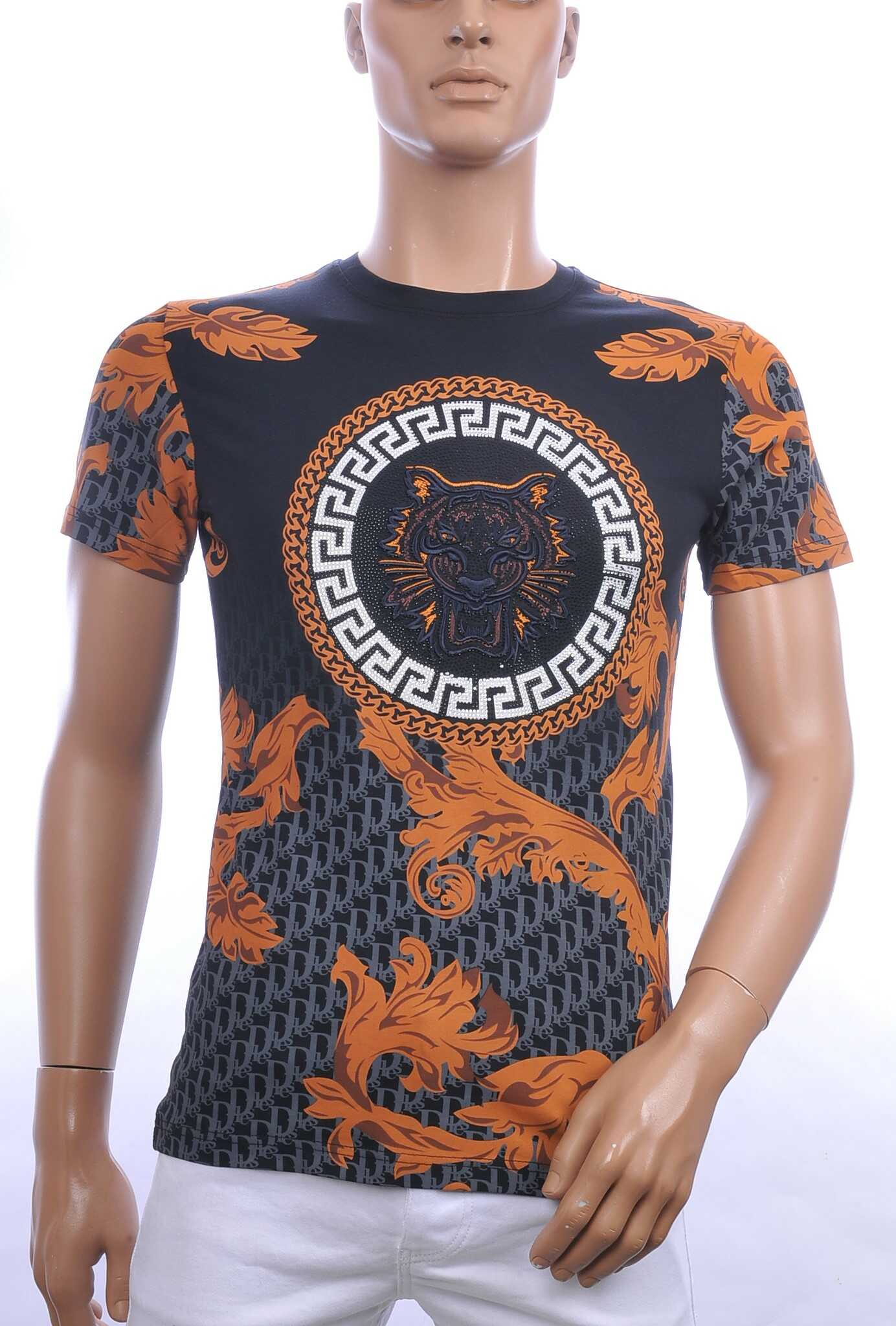 Les Designers ronde hals T-shirt met geborduurde tijgerkop met steentjes Navy