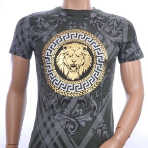 Les Designers ronde hals T-shirt met leeuwenkop print met steentjes Khaki