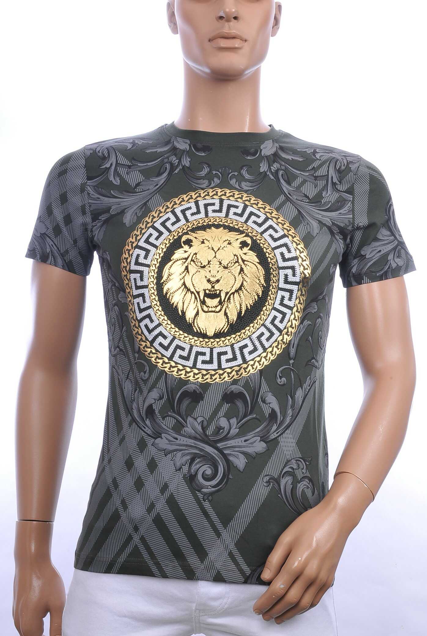 Les Designers ronde hals T-shirt met leeuwenkop print met steentjes Khaki