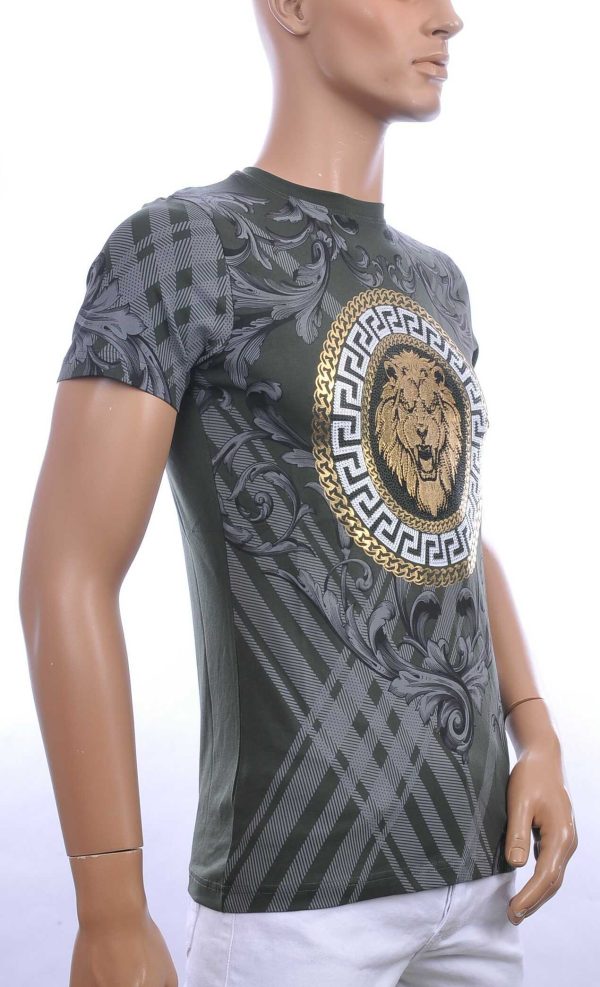 Les Designers ronde hals T-shirt met leeuwenkop print met steentjes Khaki