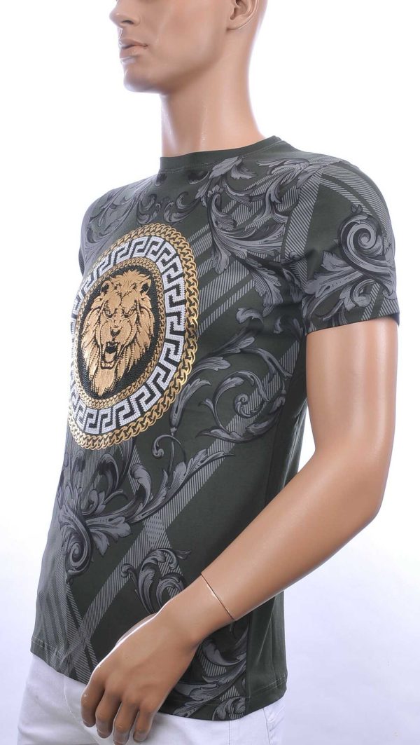 Les Designers ronde hals T-shirt met leeuwenkop print met steentjes Khaki