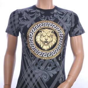 Les Designers ronde hals T-shirt met leeuwenkop print met steentjes Navy