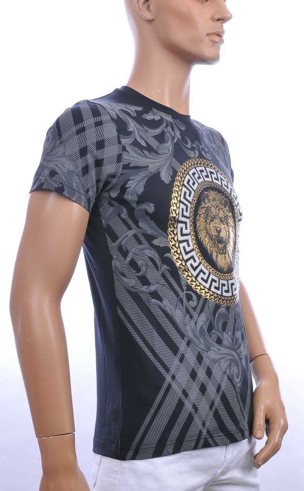 Les Designers ronde hals T-shirt met leeuwenkop print met steentjes Navy