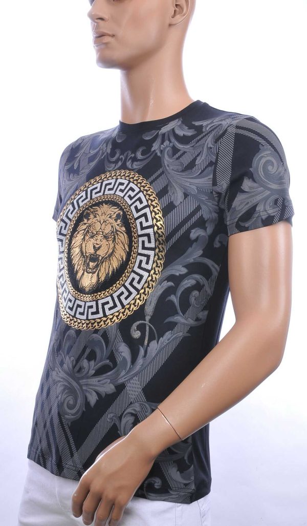 Les Designers ronde hals T-shirt met leeuwenkop print met steentjes Navy