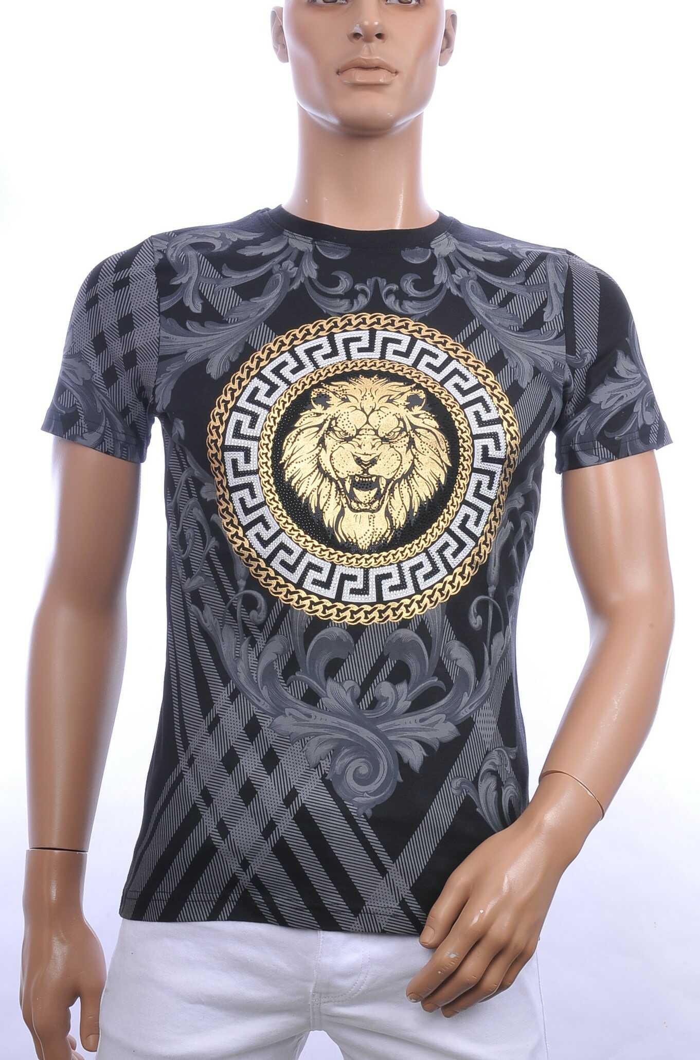 Les Designers ronde hals T-shirt met leeuwenkop print met steentjes Zwart