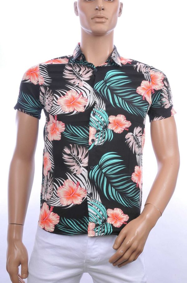 ZAYNE trendy allover bloemen dessin heren korte mouwen festival overhemd Zwart
