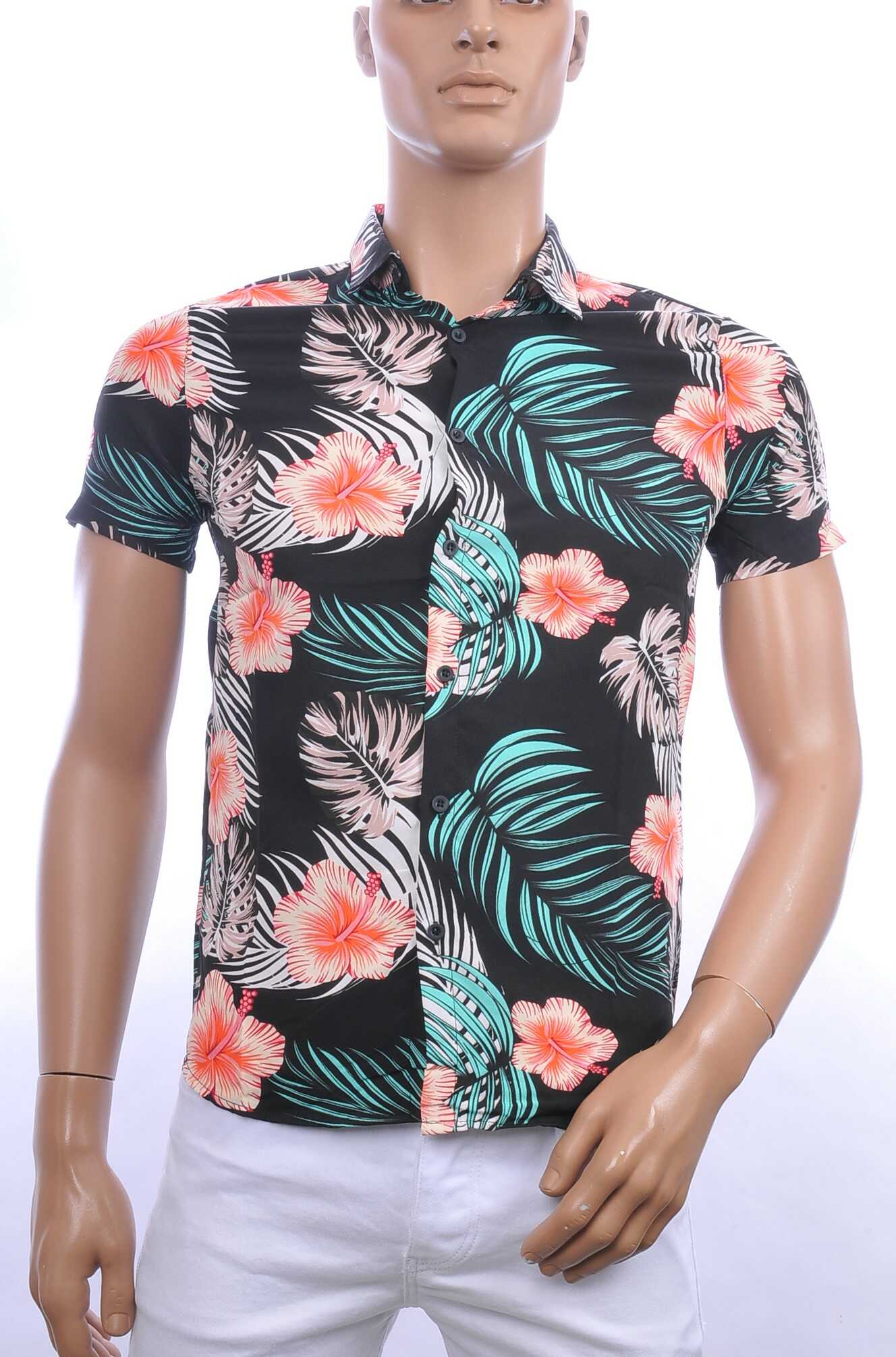 ZAYNE trendy allover bloemen dessin heren korte mouwen festival overhemd Zwart