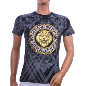 LES DESIGNERS heren T-shirt leeuwenkop donkerblauw met gouden leeuwenmedaillon en barok dessin.